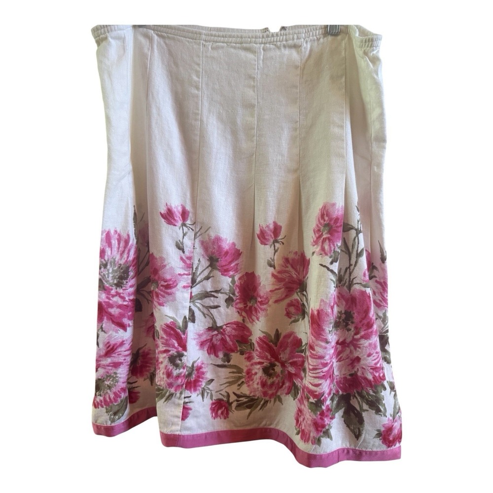 J. Jill White Pink Peony Linen Knee Length‎ Pleated Skirt Medium Pink Ribbon Hem